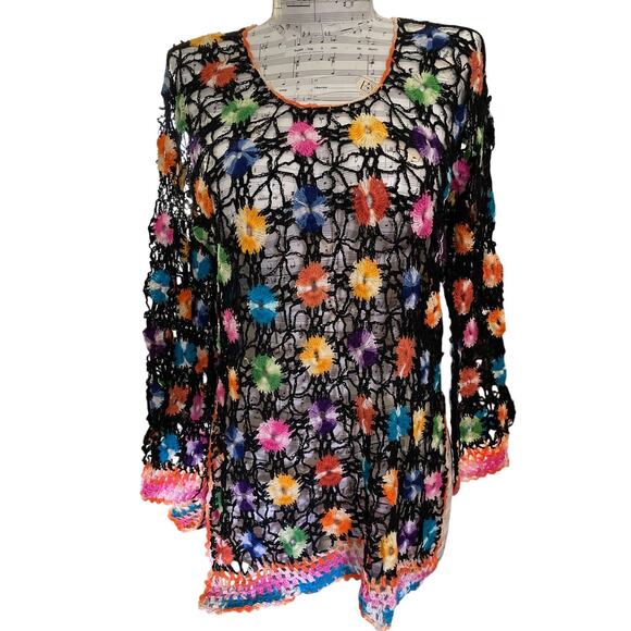 Black Crochet Multicolor Flower Tunic Swim Cover Top Small - Picture 1 of 8